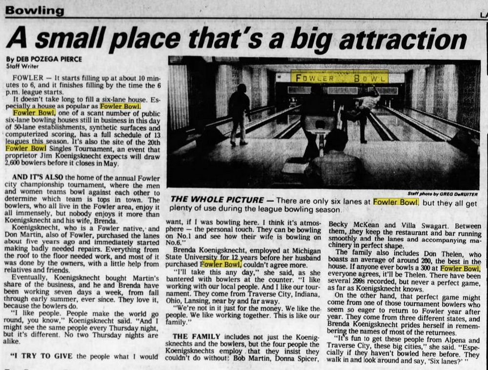 E-Lanes Sports Bar & Bowling (Fowler Bowl) - Oct 30 1983 Article